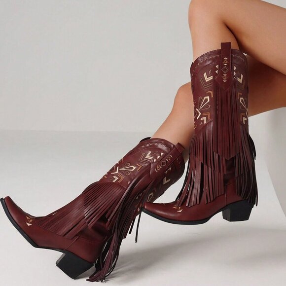 Burgundy Bohemian Women's Cowgirl Western Boots Fringe Tassel Chunky High Heels - Picture 1 of 6